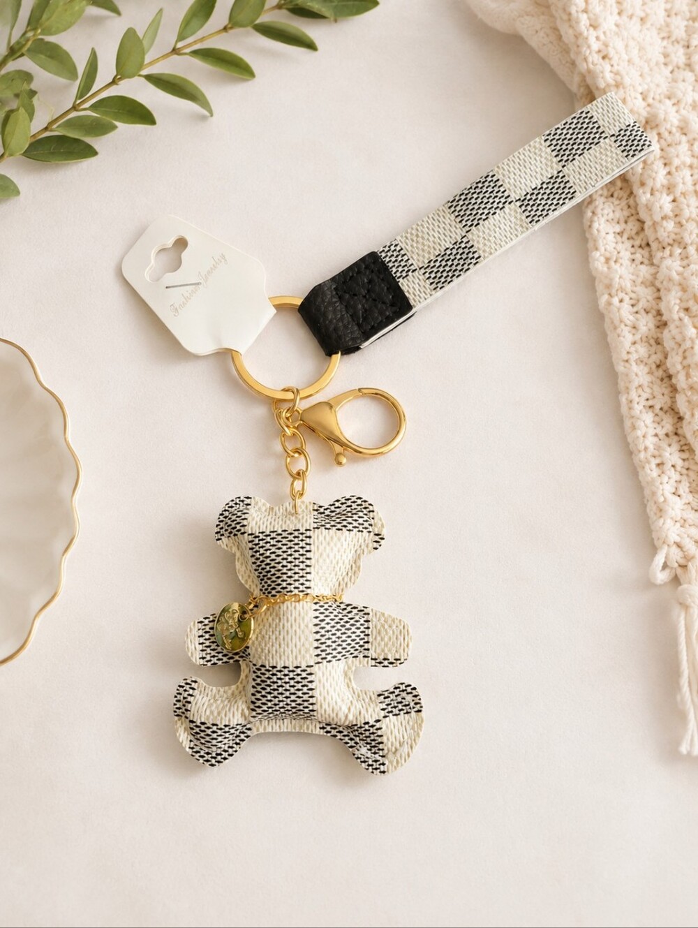 Plaid Teddy Bear Keychain Wristlet - Black & Cream